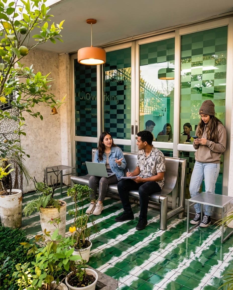 Jardim da playINwork com plantas, banco e vista para a área interna do coworking