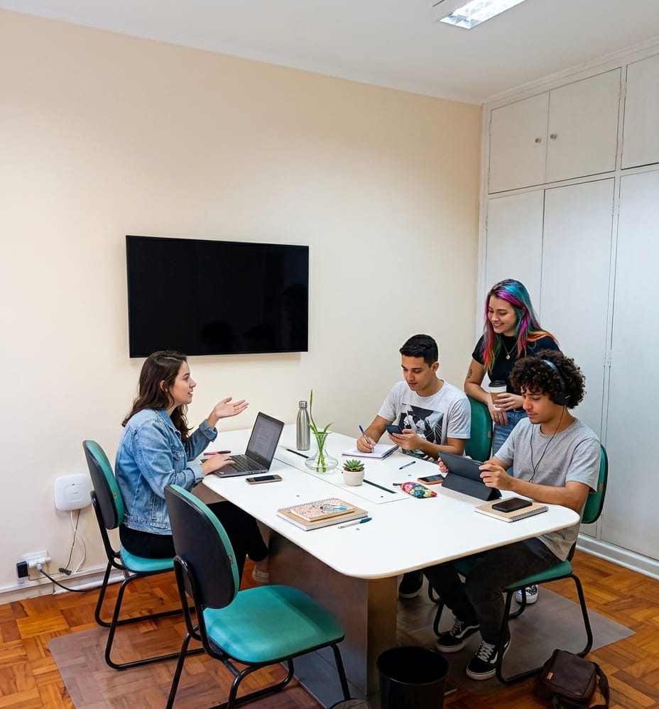 Sala de reunião da playINwork com TV na parede e mesa branca para quatro pessoas