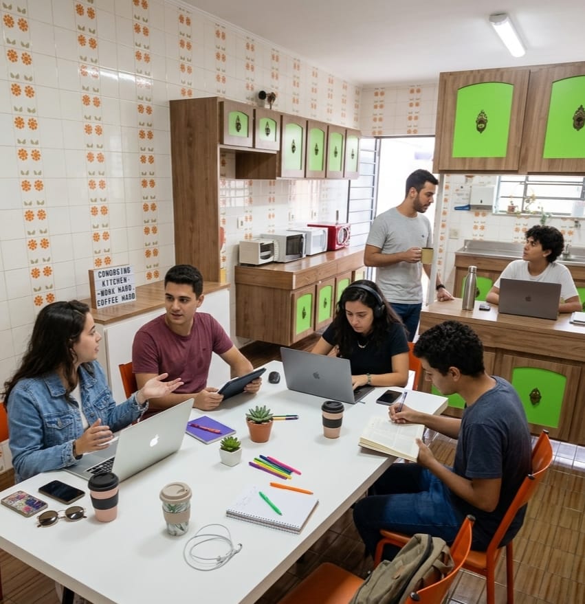 Copa da playINwork com armários, micro-ondas e mesa coletiva onde profissionais trabalham