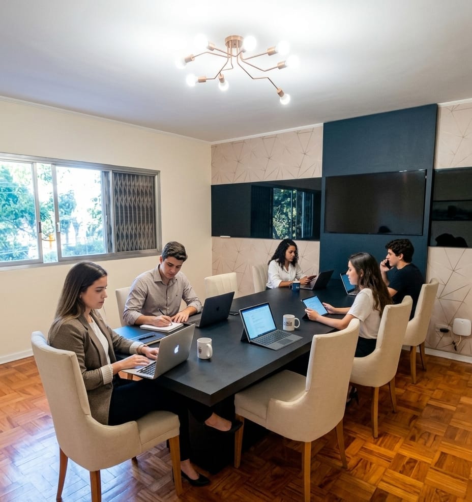 Sala de reunião da playINwork para oito pessoas com mesa escura, poltronas e TV para apresentações